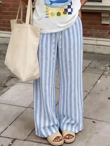 Women's Blue and White Striped Wide Leg Pants, Casual Drawstring Waist, Casual Comfy Breathable Adjustable Drawstring Linen Trousers for Daily Wear, Ladies Summer Casual Chic Bottoms