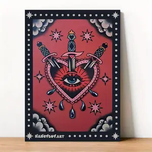 1 count poster Art Deco Style - Traditional tattoo inspired Three Swords design with heart and eye - Frameless fantasy art print home office, bedroom, living room decor - Ink wall hanging decor