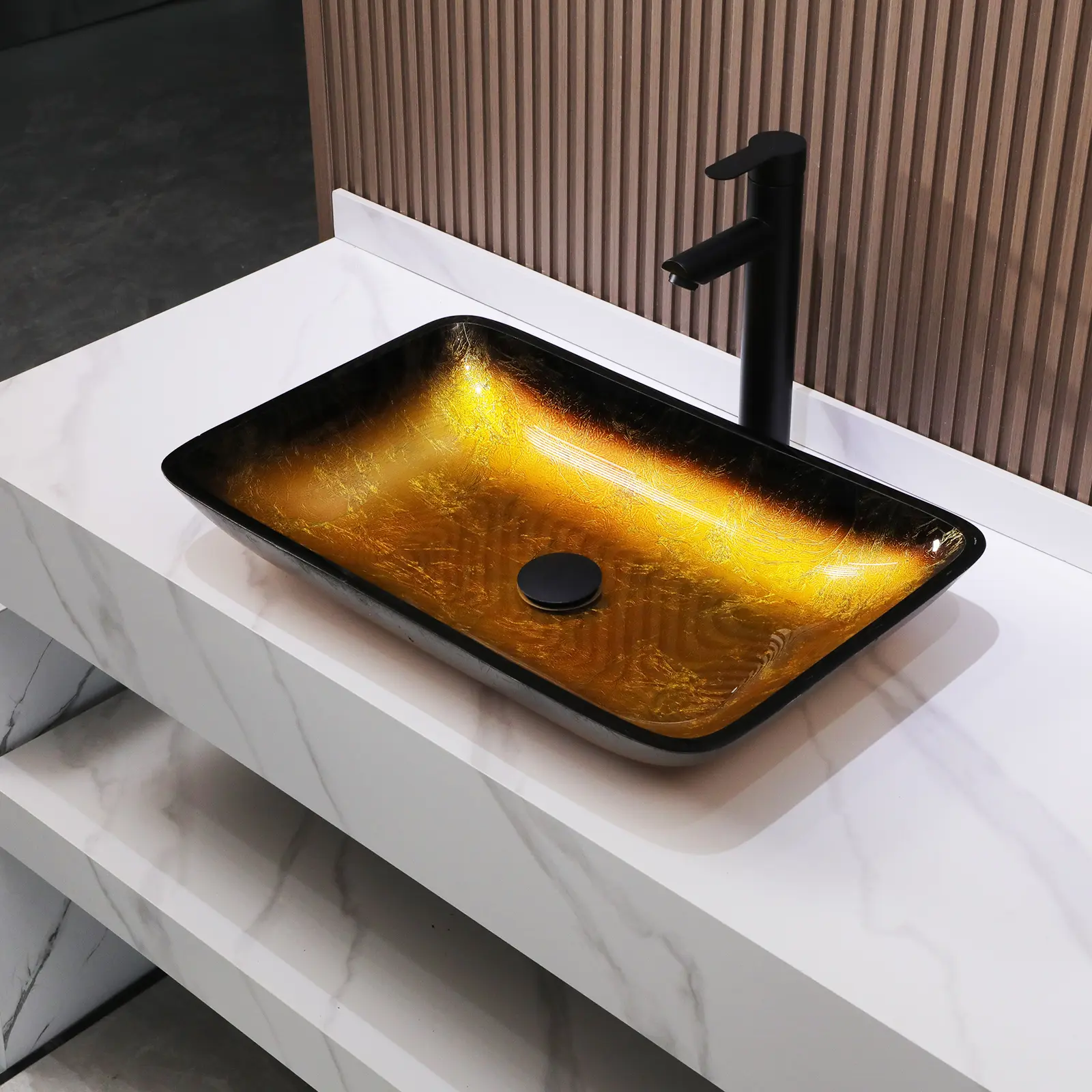 Logmey 22" Rectangular Glass Vessel Sink - Gold Textured Tempered Glass Bathroom Vanity Basin Above-Counter Installation with Matte Black Non-Overflow Pop-Up Drain Combo,bathroom makeover