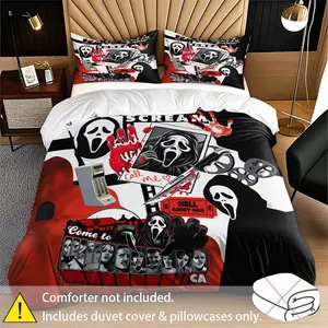 Scream Ghost Face 3-Piece Set (Duvet Cover + Pillowcases, No Filling Included), dark horror-style Ghost Face print, skin-friendly and easy-to-clean fabric, suitable for edgy and cool bedroom decor, a unique and atmospheric bedding essential.