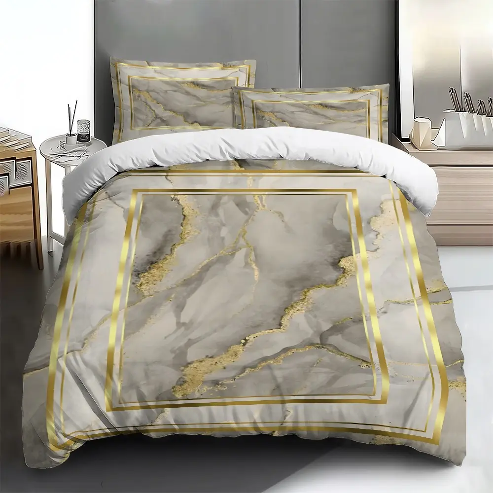 Three-piece bedding set - 2pcs/3pcs 2D Flat gold and white marble pattern duvet cover set (1 duvet cover + 1/2 pillowcases, no insert), multi-color printed bedding set, soft and comfortable, suitable for family bedrooms and guest rooms.
