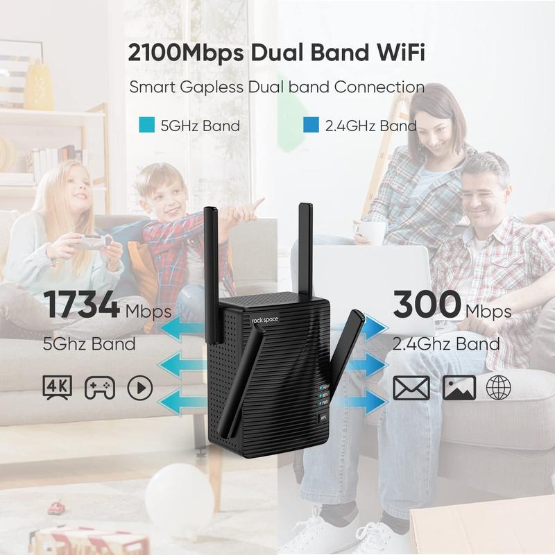 WiFi Extenders AC2100 Signal Booster for Home, 2100 Mbps, WiFi Range Extender, Rockspace, WiFi Repeater, Wireless Extender for Home, 5G&2.4G Dual Band, Gigabit Port&WPS Button, 360 Degree Full Coverage