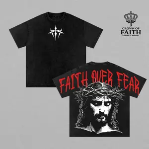Faith Over Fear Jesus Shirt Vintage Washed Oversized Tee | Christian Streetwear Heavy Cotton T-Shirt | Crown of Thorns Graphic Back | Faith Over Fear Religious Gift Jesus Apparel Christian Based Clothing