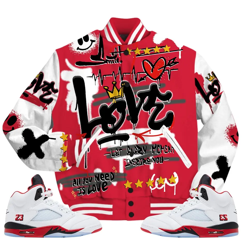 5 Retro Fire Red Varsity Jacket, 2025 Fire Red Black Tongue 5s Shirt, Happy Love Beats Graffiti Streetwear Sneaker Matching Outfits Ideas Athletic Casual