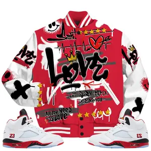 5 Retro Fire Red Varsity Jacket, 2025 Fire Red Black Tongue 5s Shirt, Happy Love Beats Graffiti Streetwear Sneaker Matching Outfits Ideas Athletic Casual