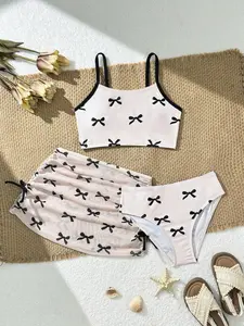 Three-Piece Girl Print Swimsuit Set, Summer Swimwear, Boho Style, Cute Kids Beach Resort, Perfect for Girls' Summer Vacation, Swim Skirt Set