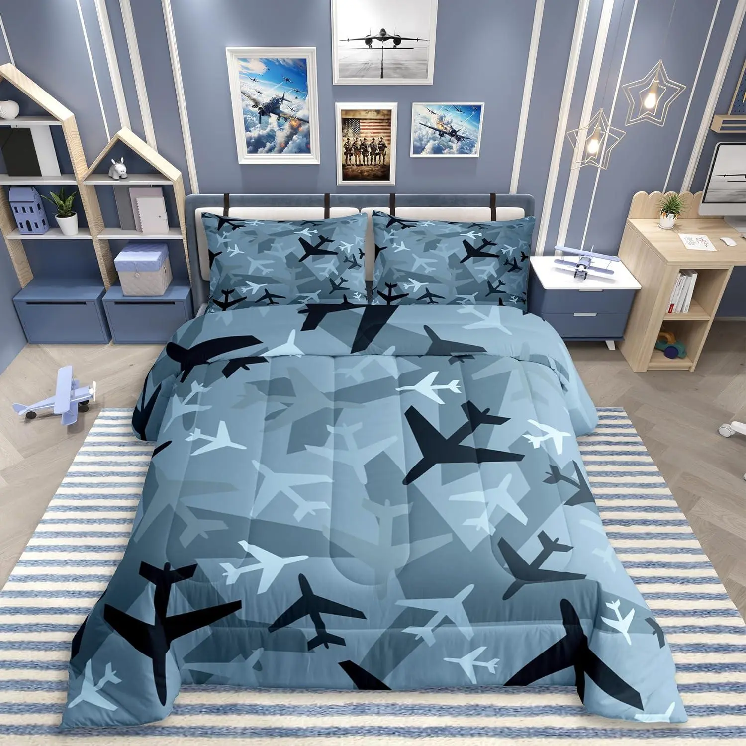 Camo Aircraft Comforter Set,Cartoon Airplane Pattern Bedding Set for Kids Boys Teens Room Decor,Camouflage Blue Black Down Comforter Soft Microfiber Duvet Insert