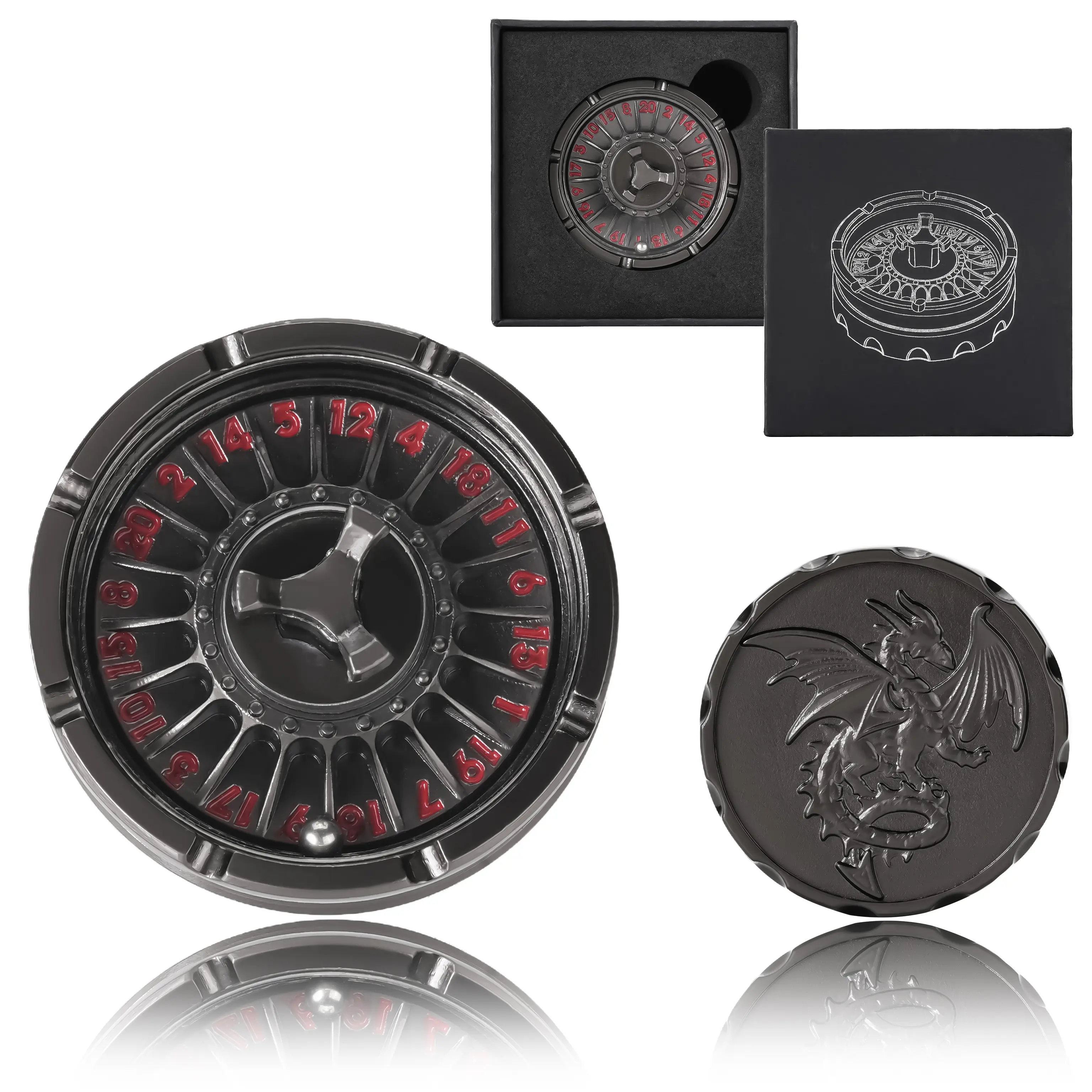 Heavy Metal D20 Spinner Dice Wheel, Dragon Engraved Zinc Alloy Rotating RPG Dice with Roulette Style Design, Red Numbers Black Finish DND Dice Accessory for Dungeons & Dragons Pathfinder TTRPG Tabletop Games, Collector Gift & Fidget Toy