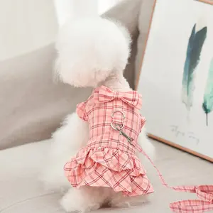 Small Dog Clothes Set with Leash, Princess Dress for Dogs, Lightweight Plaid Pet Dress, Spring Summer Clothing for Small Medium Breeds, Poodle