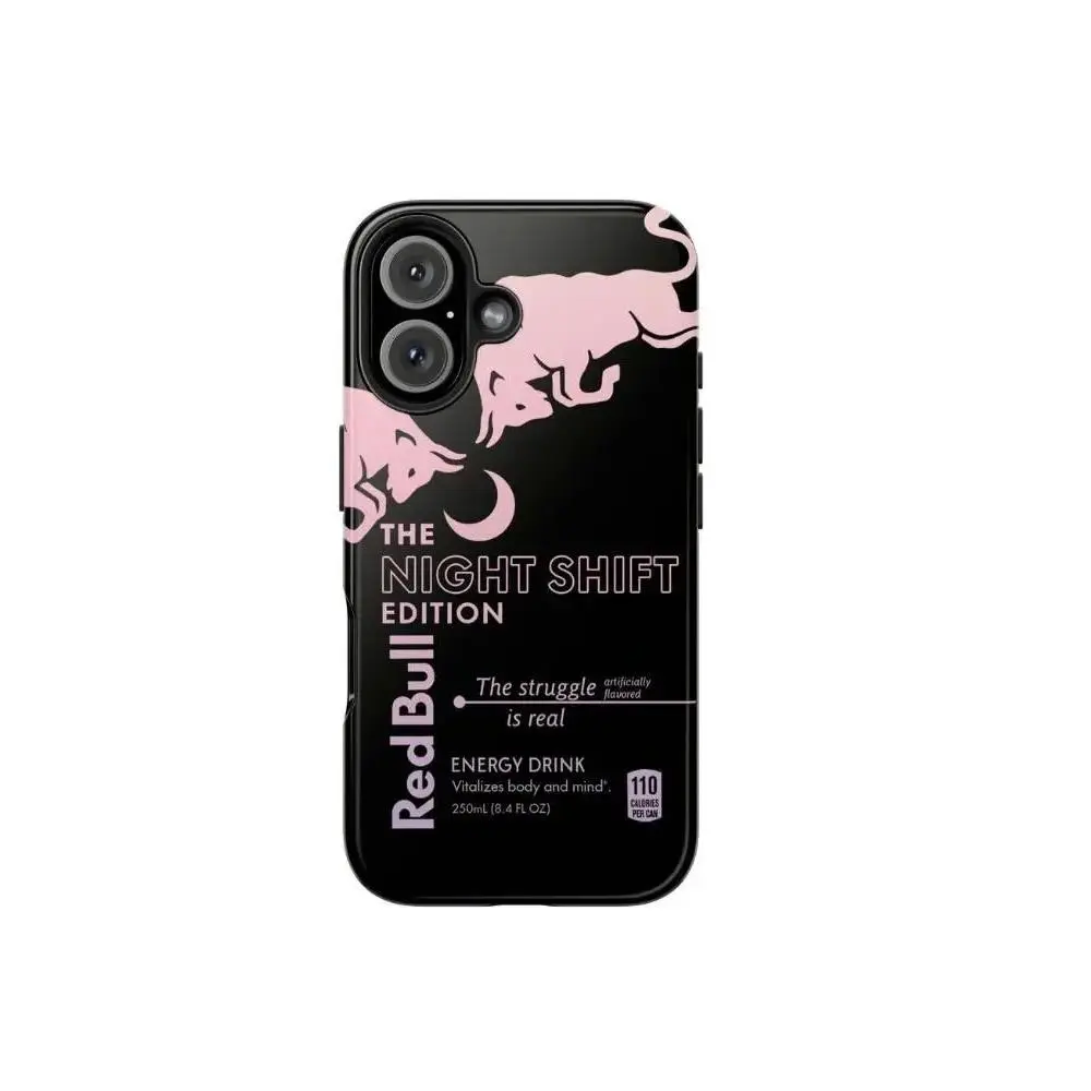 Red Bull Energy Drink Phone Case – Fun "Day Shift vs. Night Shift" themed design, cute-style protective case; compatible with iPhone 17, 16, 15, 14, and 13.