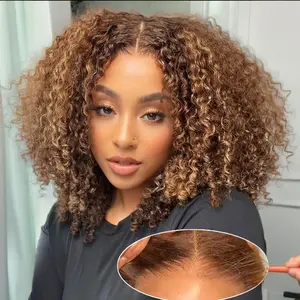 Vinisay Kinky Curly 13x4 HD Lace Front Wig for Women 250% Density Pre Plucked With Baby Hair Kinky Curly Edges Hairline Transparent HD Lace Frontal Wig Natural Black Ombre Brown Lace Human Hair Lace Closure Wig