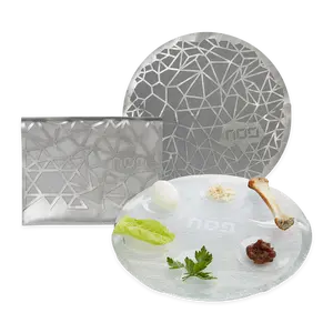 The Silver Seder Essentials – 1 Silver Passover Plate, 1 Silver Geometric Matzah Cover, 1 Silver Geometric Afikoman Bag