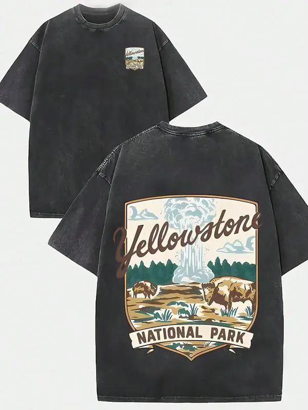Yellowstone National Park Landscape & Text Graphic Printed Casual Style Men's Casual Wear 230g Washed Cotton Round Neck Short Sleeve Comfortable & Breathable Double - Sided Printed Tee For Summer High - Quality Design Menswear Top