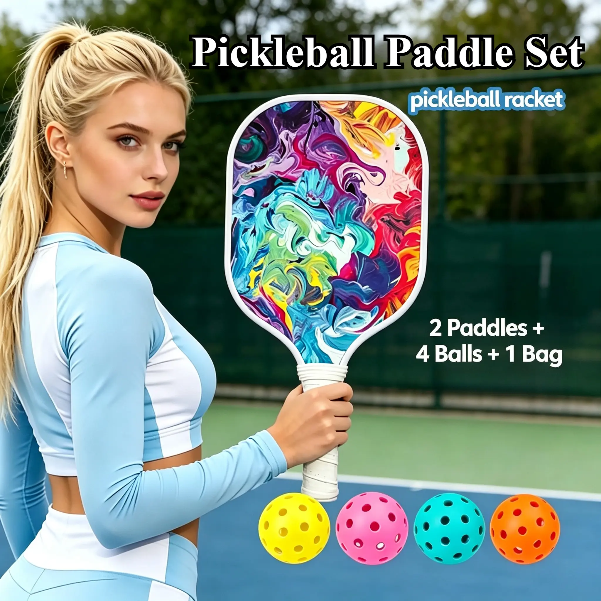 Indoor/Outdoor Pickleball Paddle Set - 2 Paddles, 4 Balls, Carrying Bag, Colorful Starter Set for Beginners