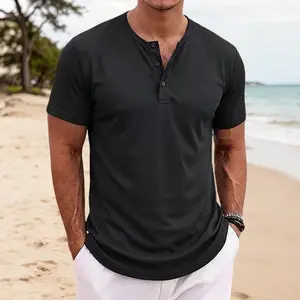 Minimalist men’s solid-color muscle slim-fit Henley-collar short-sleeve T-shirt set; fitness training sports shirt/T-shirt; buttoned casual men’s top; summer men’s tops; classic streetwear for everyday wear.,summervibes