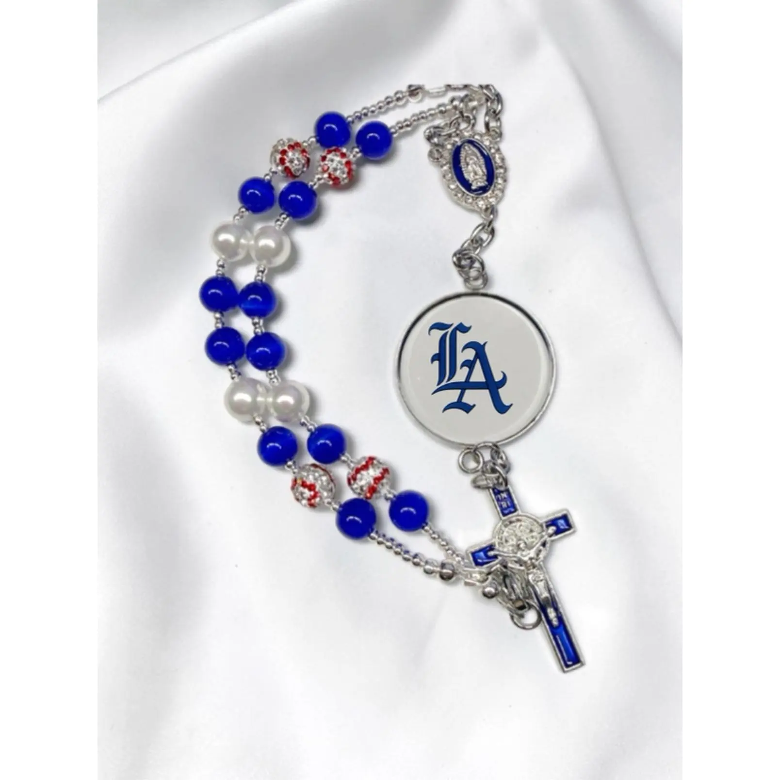 LA Pride Baseball Style One-Decade Auto Rosary for Rear-View Mirror with Royal Blue Beads & Rhinestone Accents Perfect for Fans & Drivers