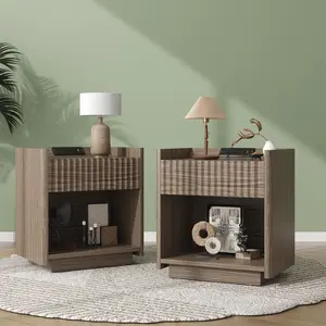 Fluted Nightstand Set of 2, Bedside Table with Charging Station, Engineered Wood Side Table with Drawer Open Shelf, Curved Corners, Modern Night Stand for Bedroom, Small Spaces, Walnut