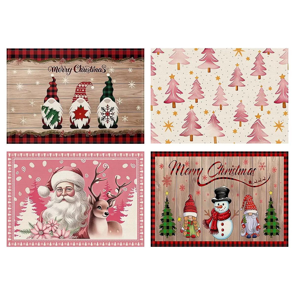 4pcs Christmas placemats, Snowflake Snowman Christmas gnome design, Pink Christmas tree Santa Claus reindeer pattern, Christmas party table decoration placemats, Non slip and heat-insulating table mats, Desktop protection, Home kitchen table decorations