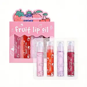 4pc Plant-Based Fruit Lip Oil Set, Strawberry Grape Peach Cherry Flavors, Hydrating Nourishing Care for Dry Lips, Long-Lasting Moisture, Gentle Daily Beauty Cosmetic