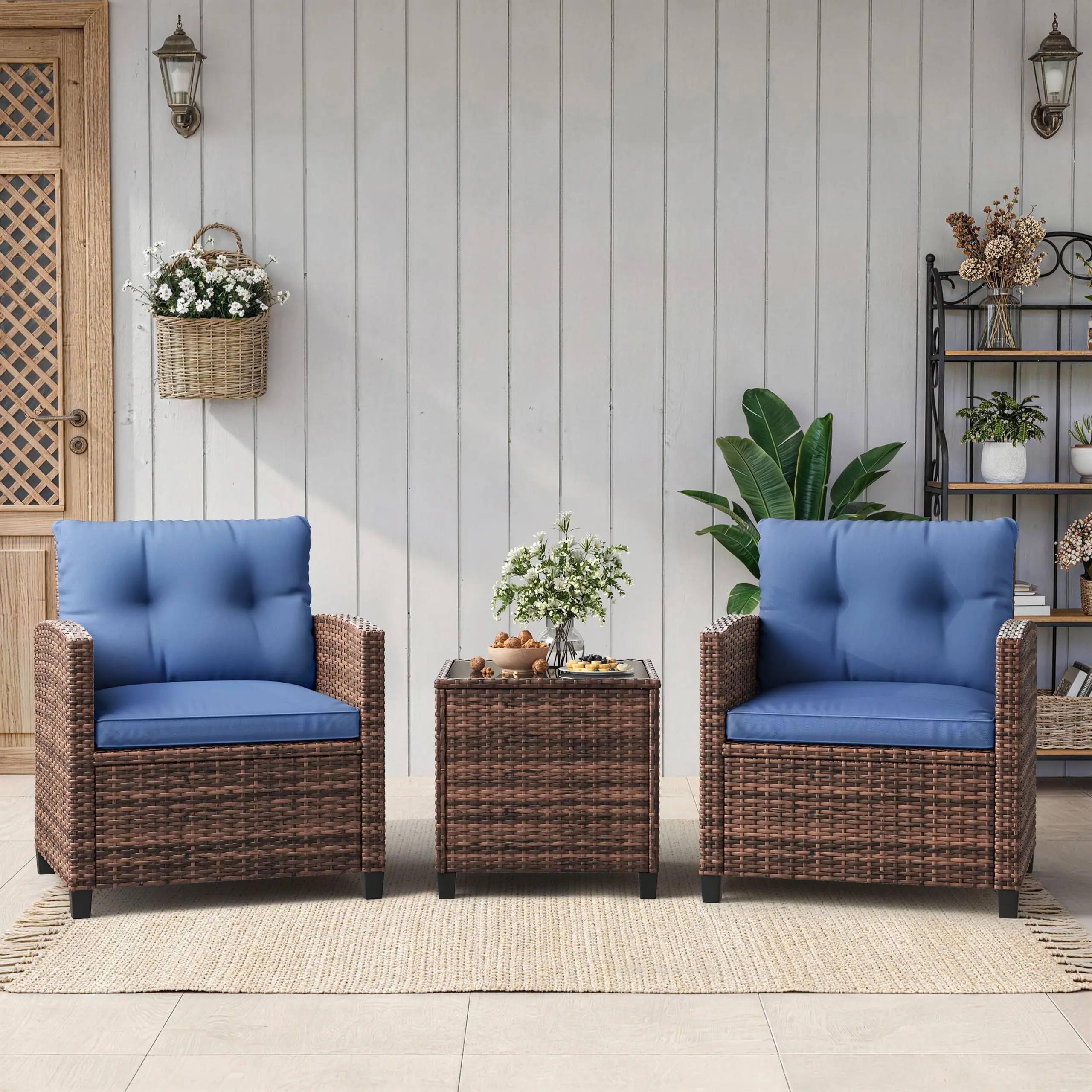3-Piece Outdoor Patio Furniture Set, PE Rattan Wicker Conversation Chairs with Tempered Glass Side Table and Removable Cushions, Balcony, Porch & Garden Seating Set，Brown+Navy Cushion