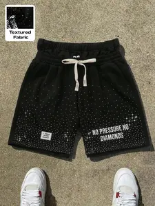 "No Pressure No Diamonds" Sparkle Textured Shorts, Graphic Shorts, Men's Streetwear Athletic Shorts, Casual Drawstring Waist Shorts | TikTok Viral