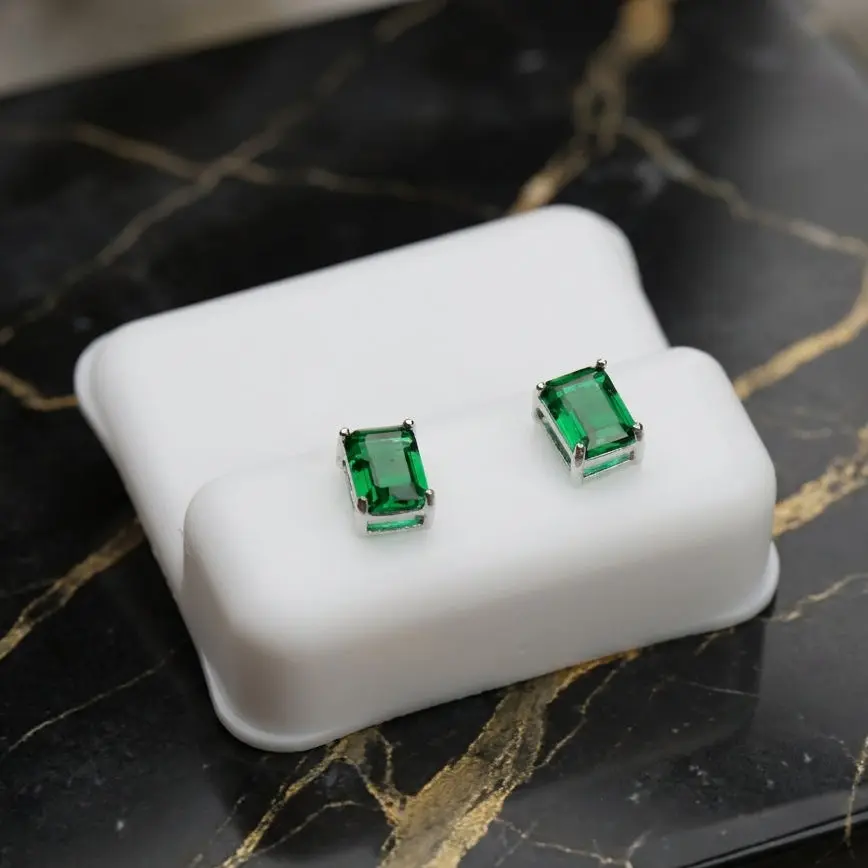 Emerald Cut Cz Earrings Emerald Green 7x5mm 925 Sterling Silver