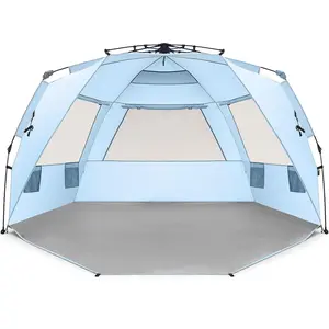 Shader Deluxe XL Beach Tent Easy Up 99" Wide for 4-6 Person Sun Shelter - Extended Zippered Porch Included Blue