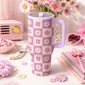 1pc 40oz Stainless Steel Tumbler, Thermo Tumbler, Retro Purple Floral Checkerboard Print Travel Mug, Daisy Cup with Handle, Lid and Straw, Vacuum Insulated Coffee Tumbler for Women, coffee cups tea set gift for her, Insulated Travel Drinkware