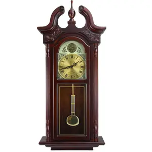 Bedford Clock Collection  38 in. Grand Antique Colonial Chiming Wall Clock with Roman Numerals, Oak Finish