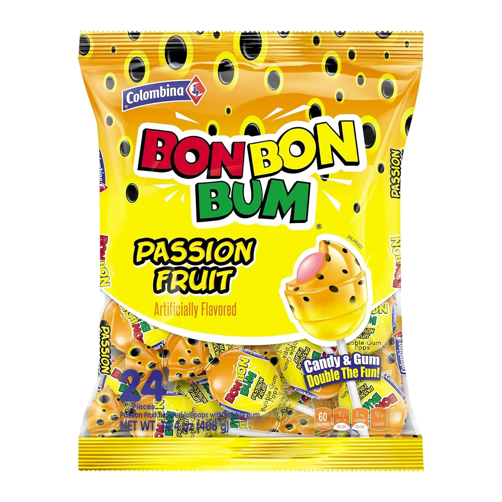 Bon Bon Bum Lollipops Tropical Passion Fruit Flavor, 24 Count (Pack of 1)