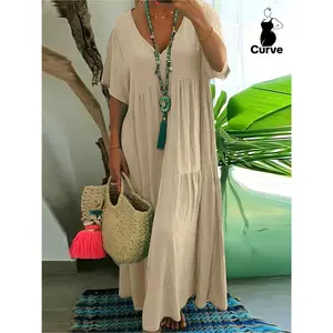 [Plus Size] Women's Solid Ruffle Hem Tiered Layer Smock Dress, Boho? Womenswear, ? V Neck Butterfly Sleeve Dress for Fall, Women's Clothes for Daily Wear Dresses, for Women Casual Summer Comfort Apricot Basic Minimalist Shortsleeve