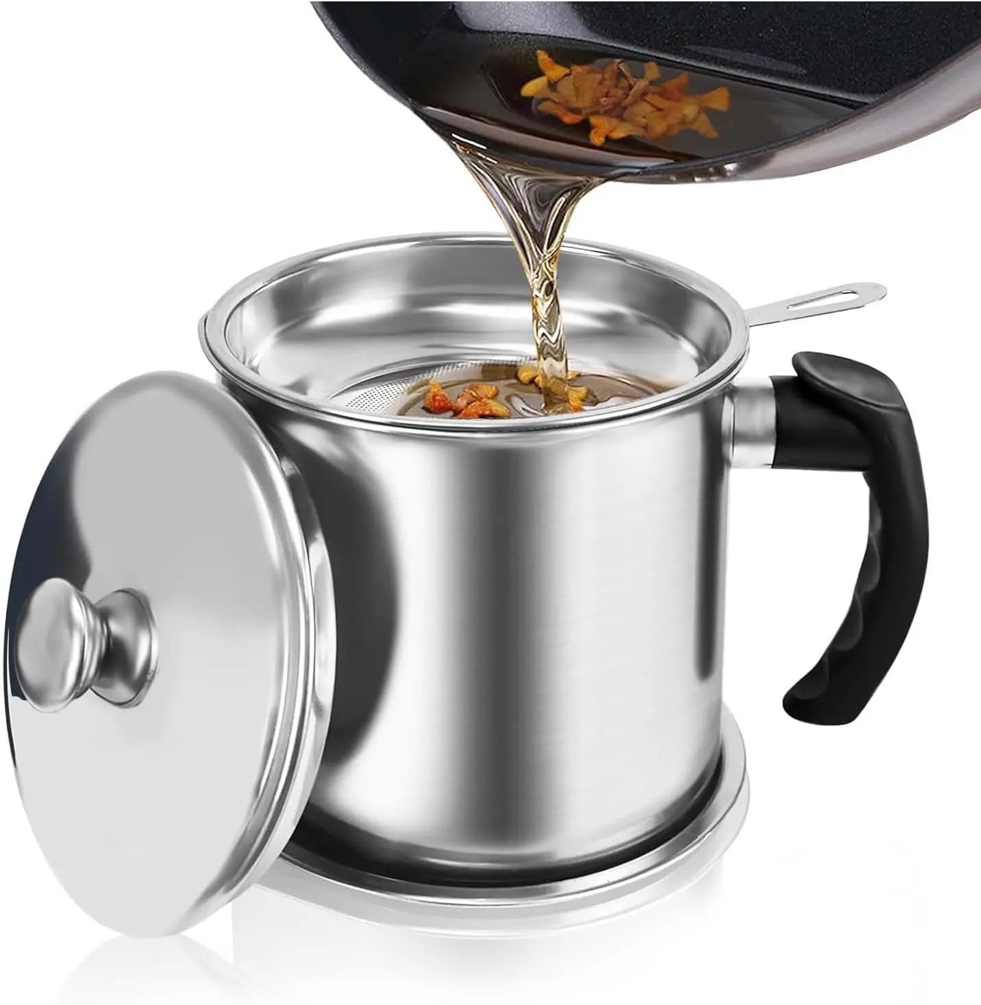 Stainless Steel Oil Container with Strainer, Lid and Tray - Multi-Purpose Kitchen Gadget for Bacon Grease, Olive Oil Dispensing & Daily Kitchen Use