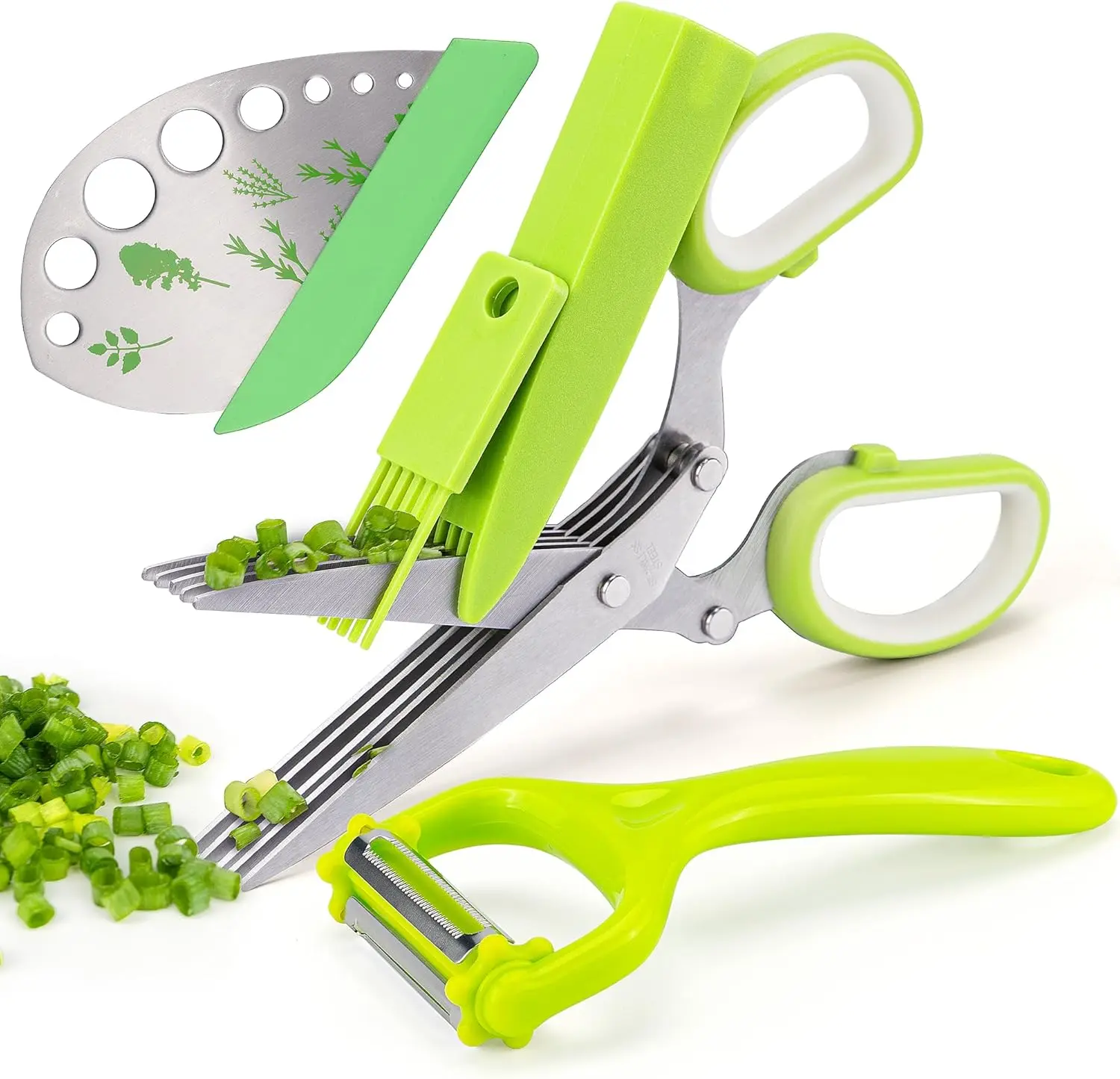 Upgraded Herb Scissors Set with Handles, Leaf Stripper, Stainless Steel 5-Blade Kitchen Scissors Peelers for Chive, Vegetables, Salad – Birthday Gift