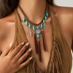 Women's Bohemian Ethnic Retro Tassel Coin Vacation Necklace - European Style, Feather Element, Ethnic Style, Statement Bead, Turquoise Bead Exaggerated Neck Jewelry, European Style Necklaces, Feather Element Necklaces