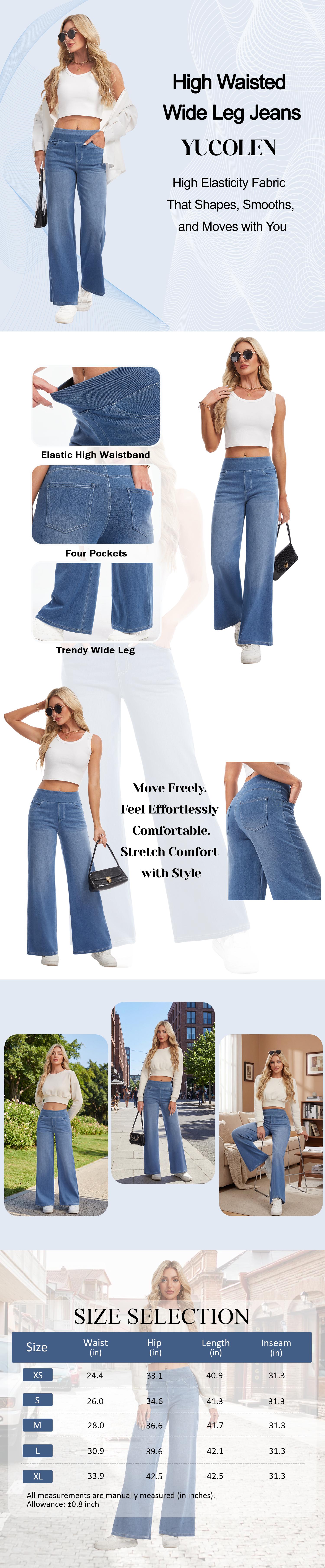 YUCOLEN Wide Leg Stretchy Jeans for Women Loose Fit Elastic High Waist Pants Pull On Baggy Fit Jeans Tummy Control Trousers Casual Work Wear (Regular Inseam)