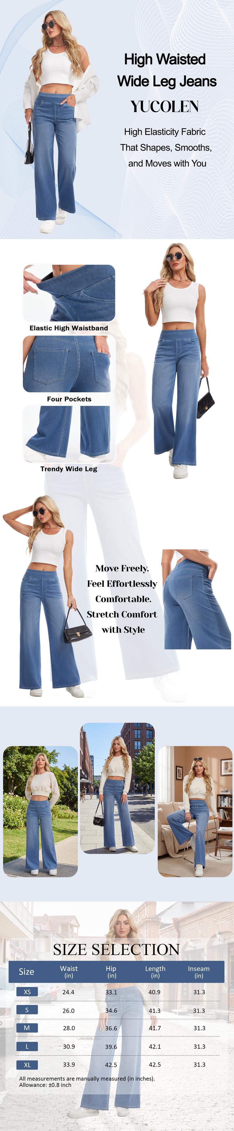 YUCOLEN Wide Leg Stretchy Jeans for Women Loose Fit Elastic High Waist Pants Pull On Baggy Fit Jeans Tummy Control Trousers Casual Work Wear (Regular Inseam)