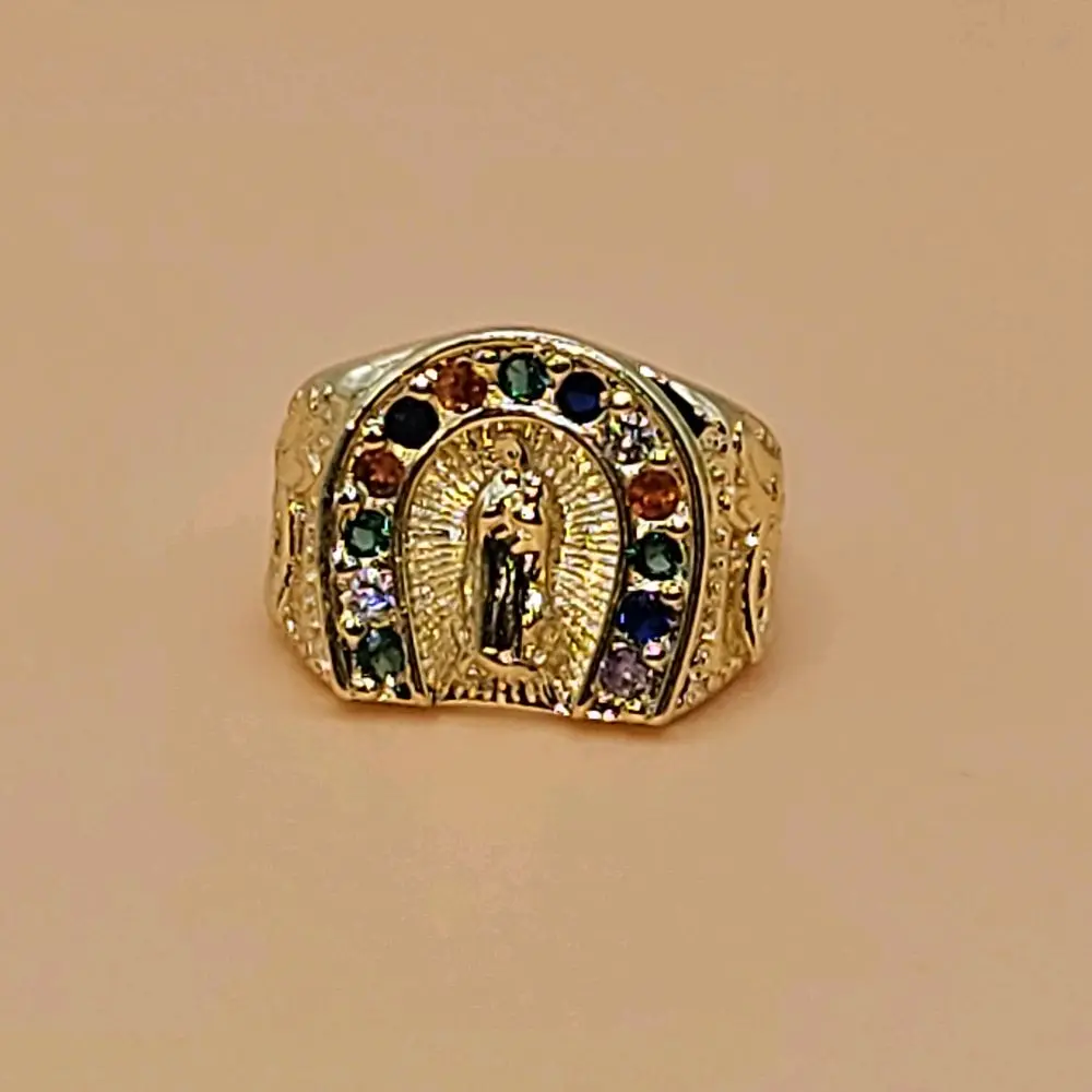 R17-Unisex Gold Plated Horseshoe Style Ring with Color CZ Stones Adjustable Size 7 Fashionable Versatile Jewelry Gift for Adults 9 Grams not water resistant