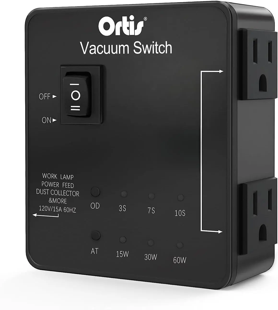 Ortis HVC-14B Automatic Vacuum Switch - 120V 60W PC+ABS Plug-and-Play Electrical Socket Accessory, 3 Modes of Operation (Auto/On/Off), 14AWG American Standard, Woodworking Dust Collector Compatible, Adjustable Start & Delay-Off, Safety Protection, Black