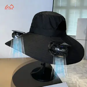 Solar fan cap, UV resistant outdoor wide brimmed fisherman's cap, with 180 ° adjustable fan, UPF50, USB and solar power supply, suitable for beach, camping, outdoor, fishing