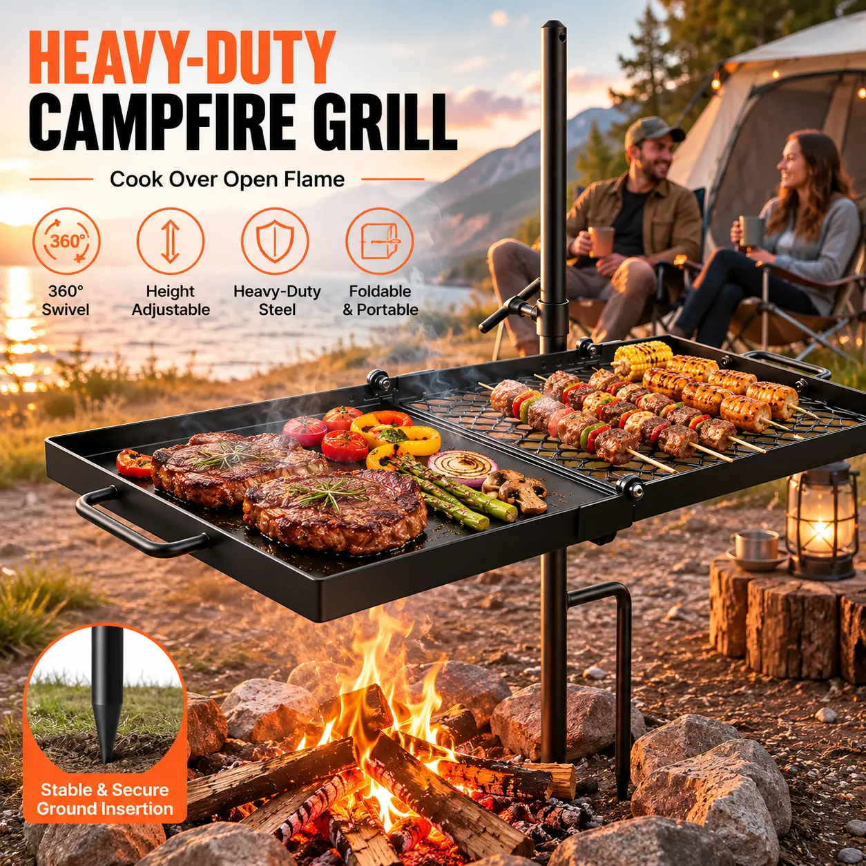 24" Heavy-Duty Swivel Campfire Grill - Portable Steel BBQ Grate & Griddle, 360° Height-Adjustable Freestanding Wood-Burning Barbecue Equipment for Outdoor Open Flame Cooking, Black