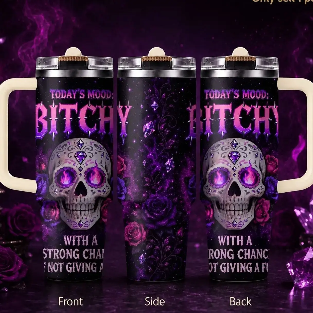 Gothic Skull Rose Bitchy Mood Vacuum Flasks 40oz 3rd Gen Vacuum Insulated Tumbler with Handle & Straw Lid, Leak-Proof Stainless Steel Travel Mug for Water, Coffee, Gym, Office, Car Cup Holder, Hydration Tumbler, Drinkware