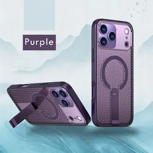 Purple Magnetic Smartphone Case with Kickstand - Heat Dissipation Breathable Cover, Shockproof Protective Shell for iPhone Cellphone Handheld Devices Accessories