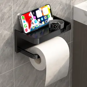 Self-Adhesive Plastic Paper Towel Holder with Perforated Drawer, Polished Surface, Dual-Purpose Bathroom Accessory for Tissues & Phone Storage, Toilet Paper Holder, Bathroom Organizer, Shiny