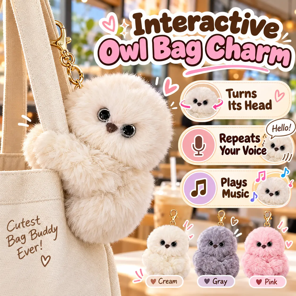 Cute Owl Plush Bag Charm with Interactive Voice Repeat, Moving Head Feature, Fluffy Kawaii Keychain Accessory for Tote Bag, Backpack & Purse