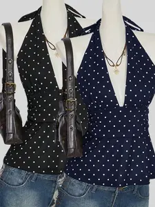 Women's Fashion Deep V Neck Polka Dot Backless Crop Top Set, Slim Fit Casual Summer, Trendy Two-Piece Design Outfit Womenswear