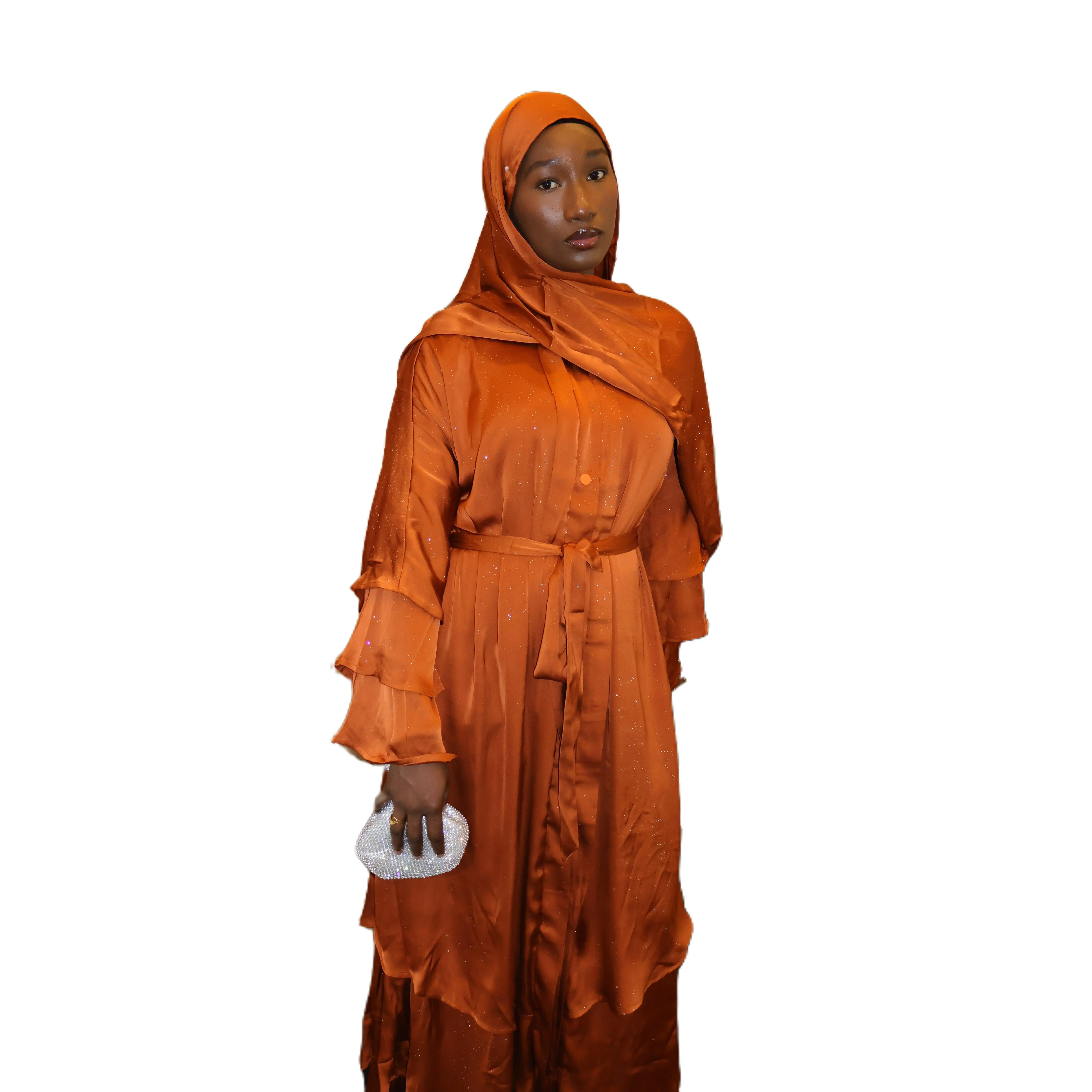 ModestybyMariama Women's Lumière Orange Sparkle Silk Abaya - Elegant Modest 3-Layer Full Length Robe for Wedding, with Hidden Buttons, Adjustable Waist & Free 180cm Hijab, Long Sleeve, Free Matching Hijab, Open-Front Design