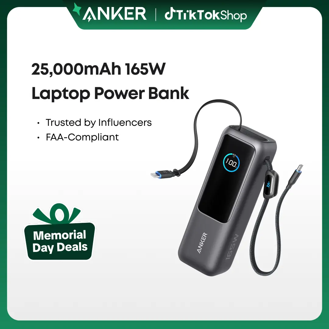 Anker Portable Laptop Power Bank with Built-In Cables, 25,000mAh