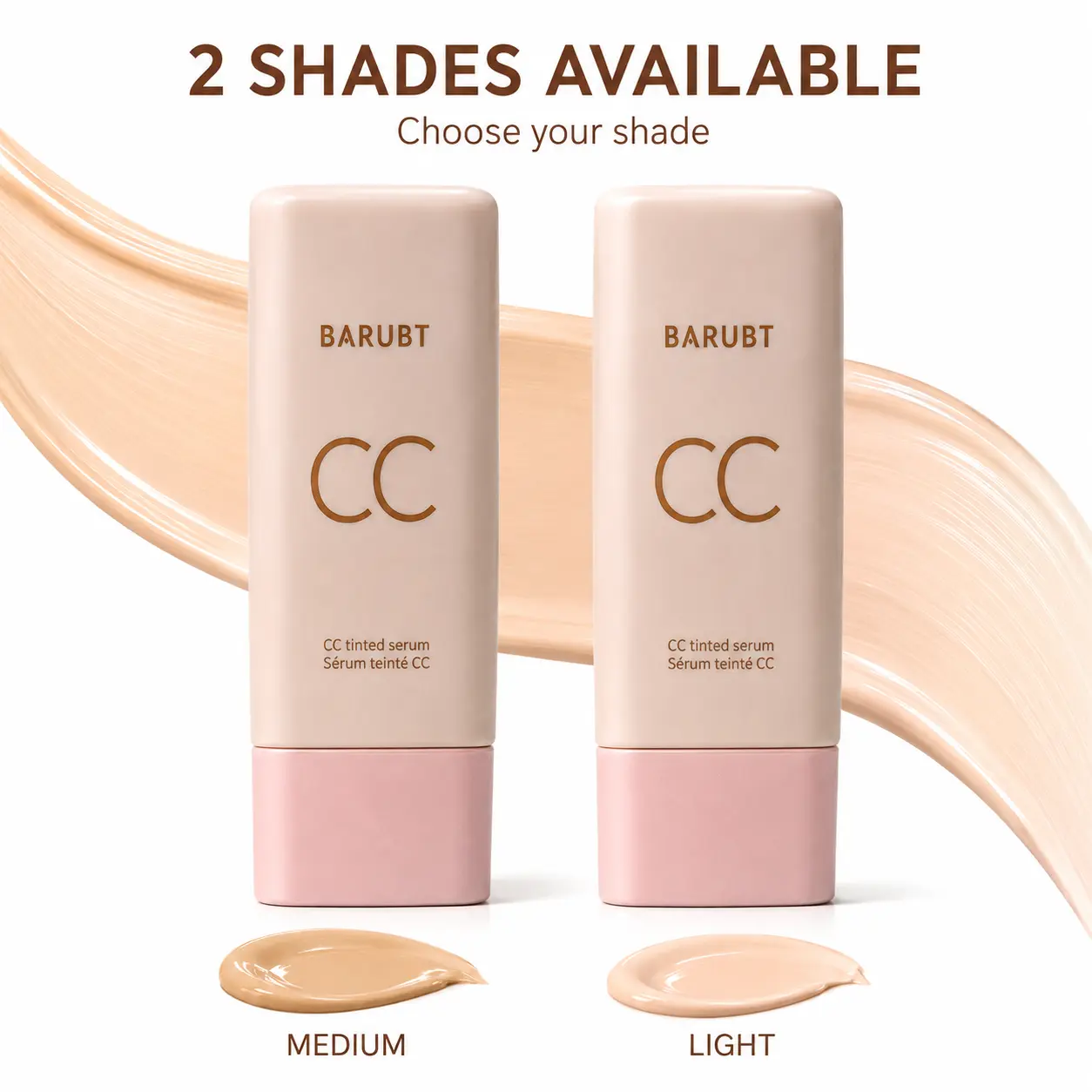 BARUBT CC Tinted Serum Foundation, Lightweight Natural-Looking Makeup, Smooth Easy Blend, Long-Wearing, 55mL, Light & Medium Shades