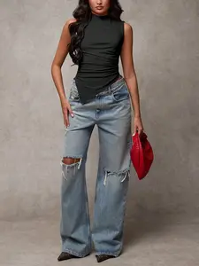 Women's Sleeveless Semi-Turtleneck Asymmetric Hem Contoured Knit Top with Draped Details. Designed for minimalist style, this figure-flattering Womenswear piece transitions effortlessly from workwear to weekend wear.