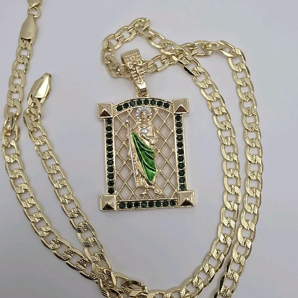 Necklace Saint Jude/San Juditas Cuban Link Style Gold-Plated Beautiful green
